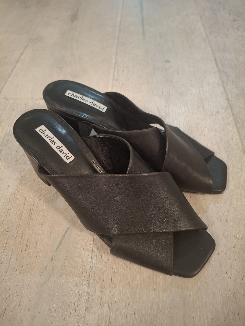Charles David Black Leather Crisscross Slip-On Mules Sandals